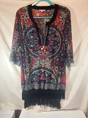 John Mark Woman’s Multicolor Boho Fringe Tunic with Black Trim